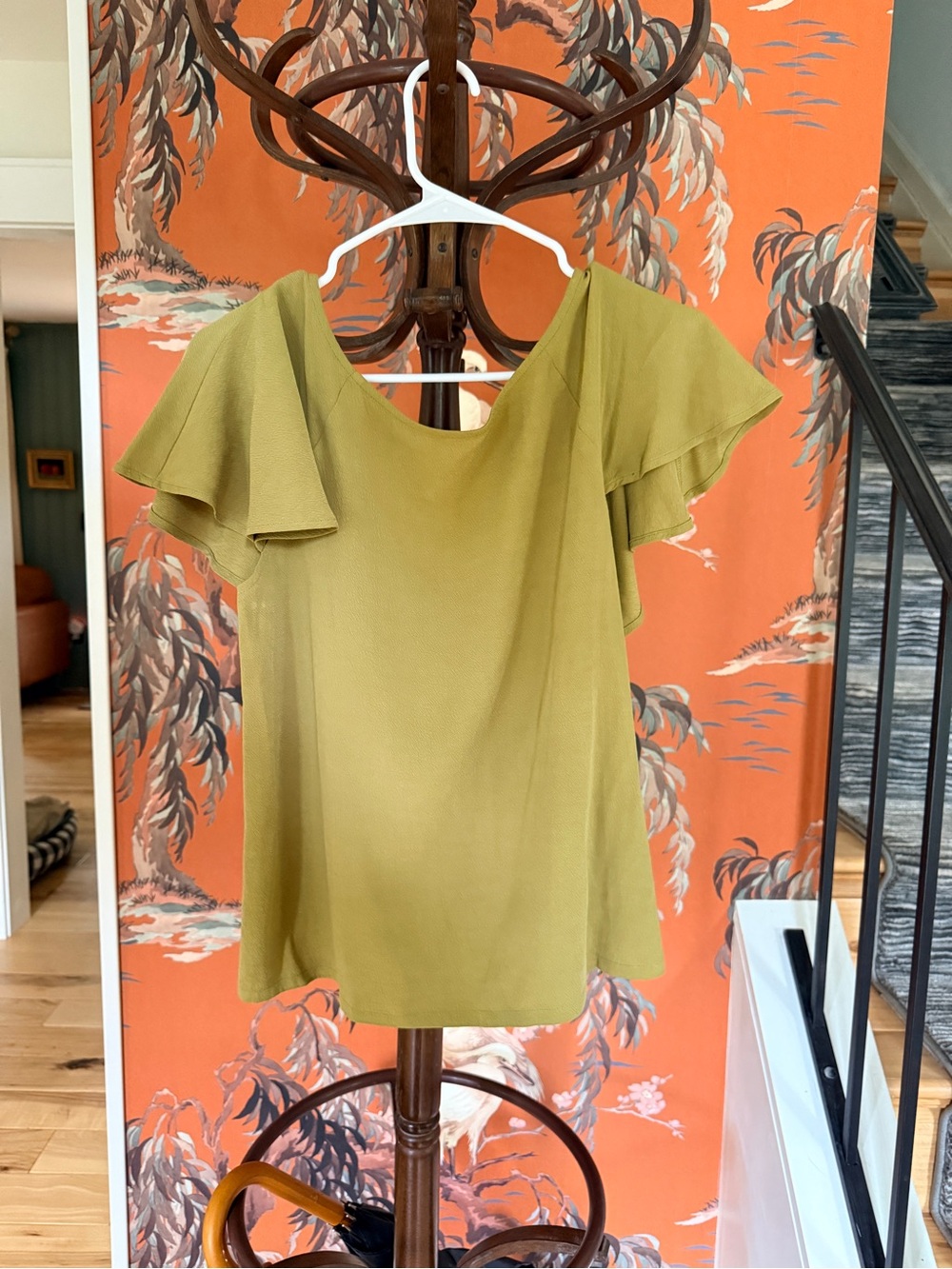 The Odells for Anthropologie Olive Green Flutter Sleeve Women's Top